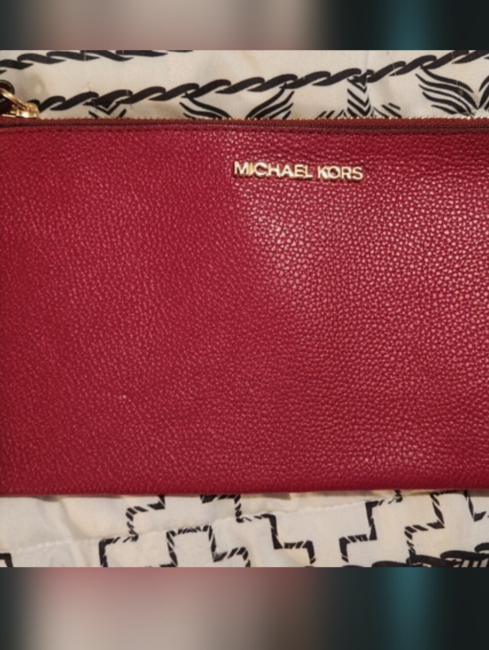 Michael Kors Pebbled Leather Wristlet - Crimson Red with Gold Logo